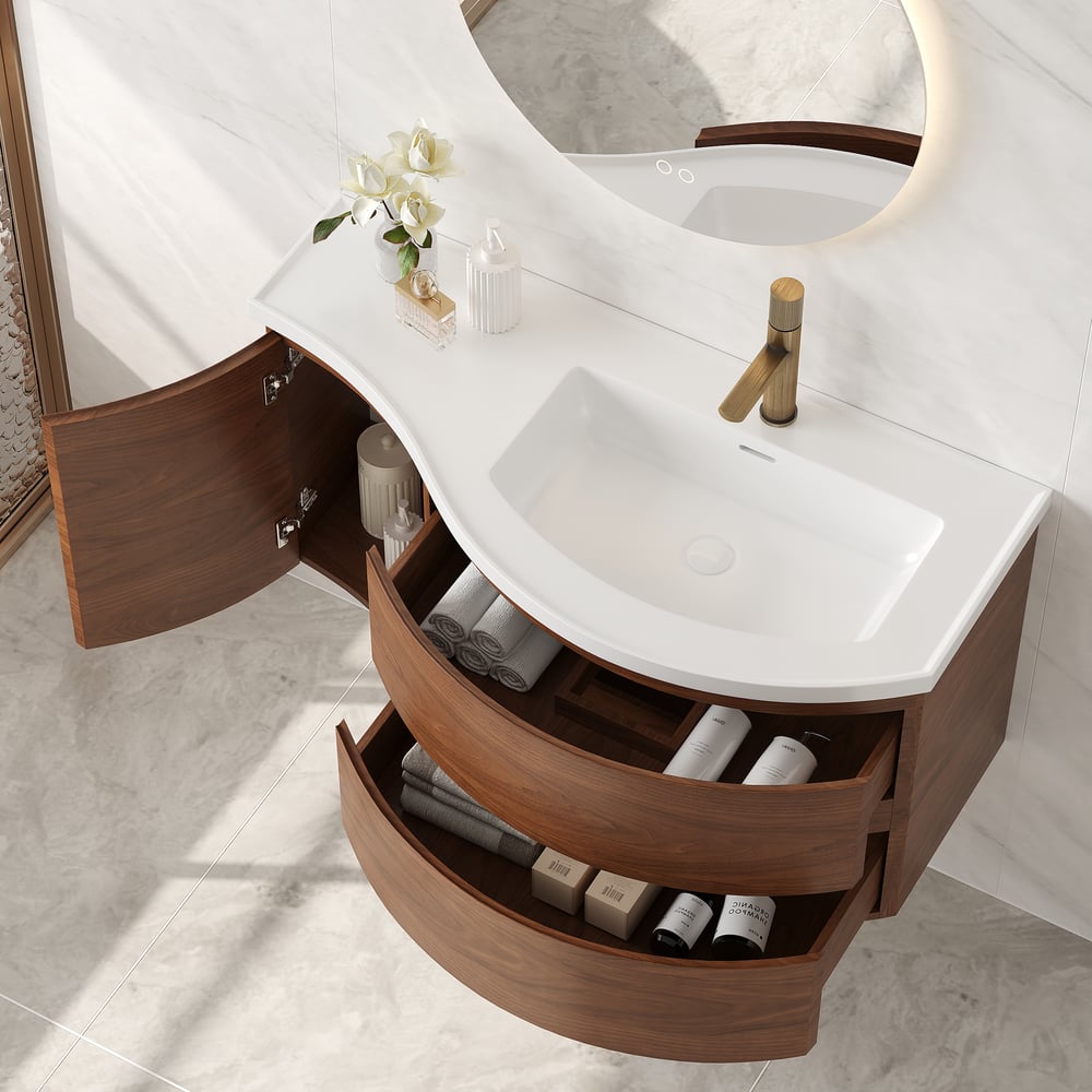 35" Floating Curved Bathroom Vanity Walnut Right Offset Single Sink Bathroom Cabinet window image