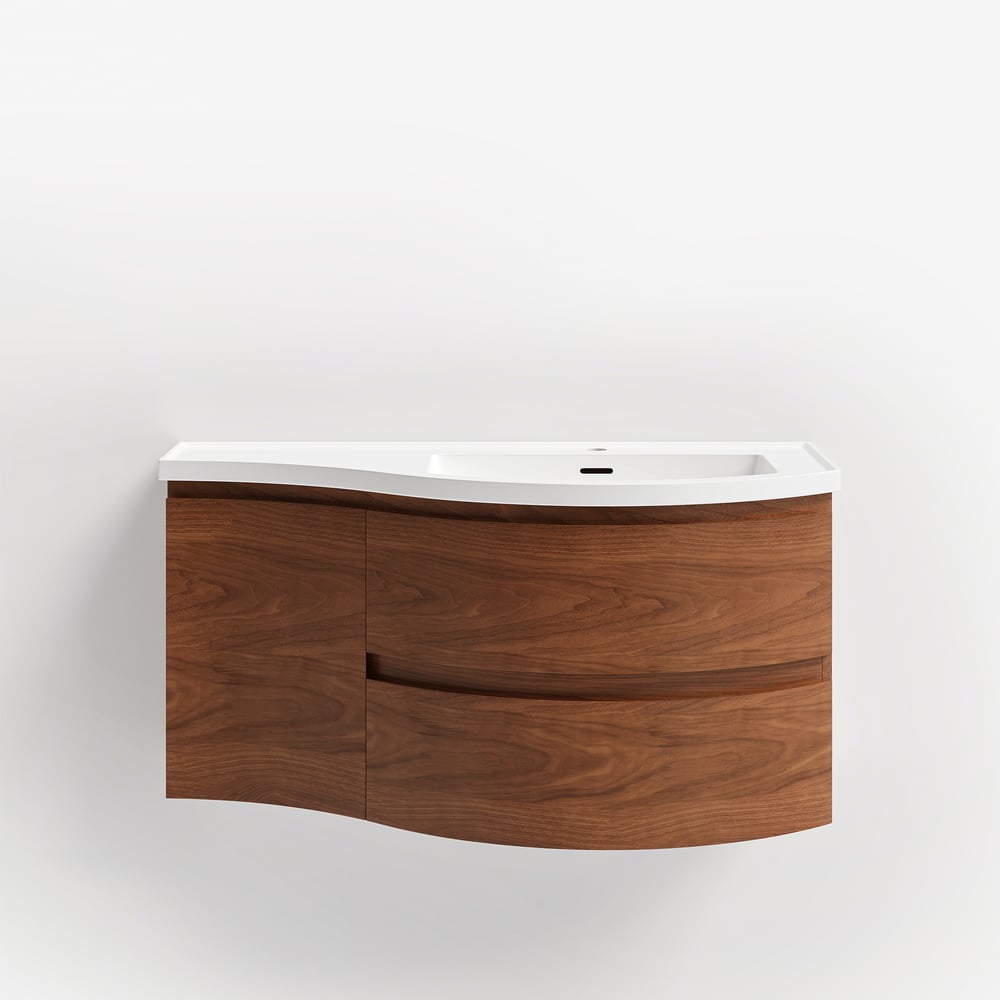35" Floating Curved Bathroom Vanity Walnut Right Offset Single Sink Bathroom Cabinet window image