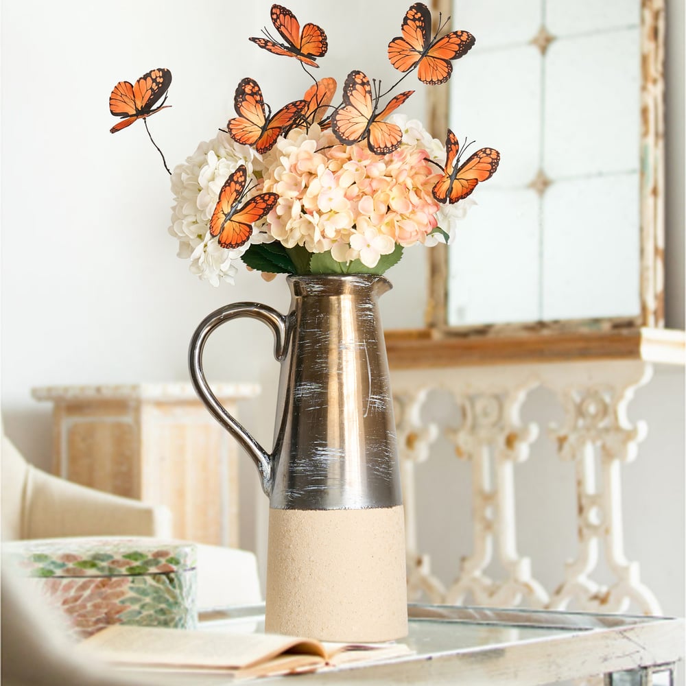 20.5" Artificial Flower Arrangement with Butterflies – Rustic Ceramic Vase with Handle window image