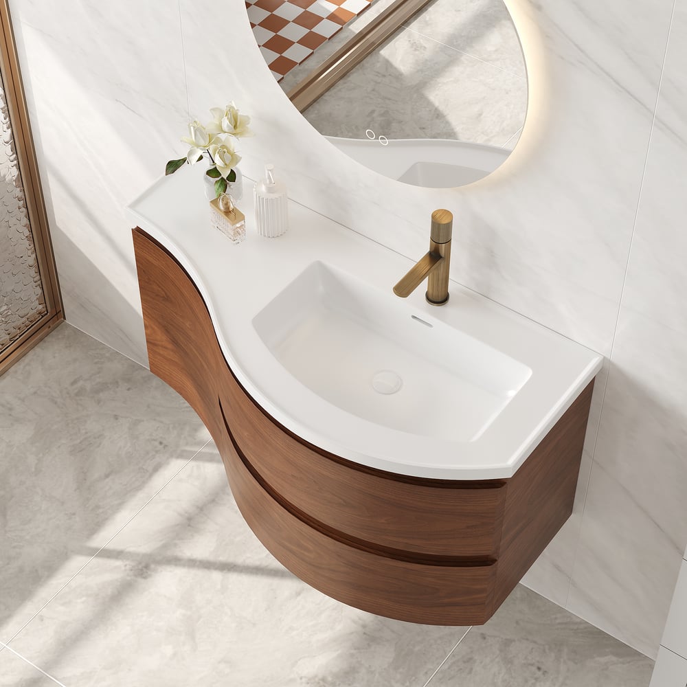 35" Floating Curved Bathroom Vanity Walnut Right Offset Single Sink Bathroom Cabinet window image
