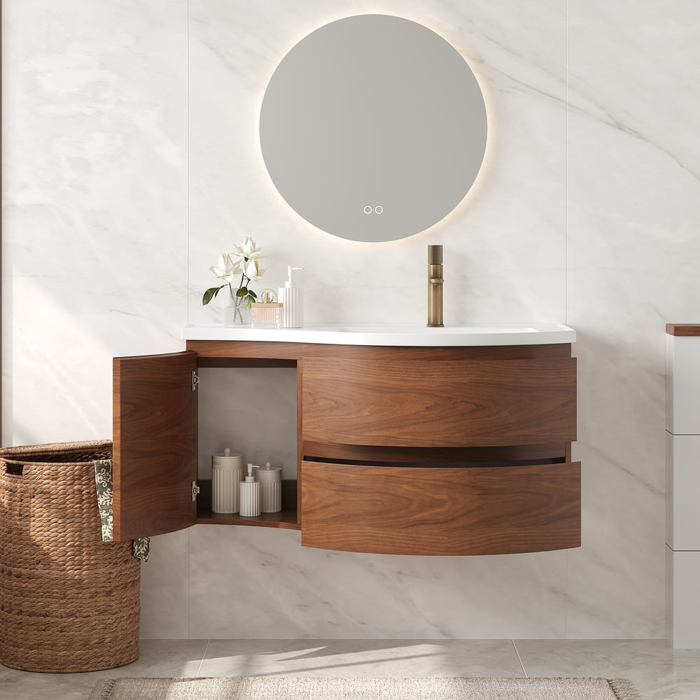 35" Floating Curved Bathroom Vanity Walnut Right Offset Single Sink Bathroom Cabinet window image