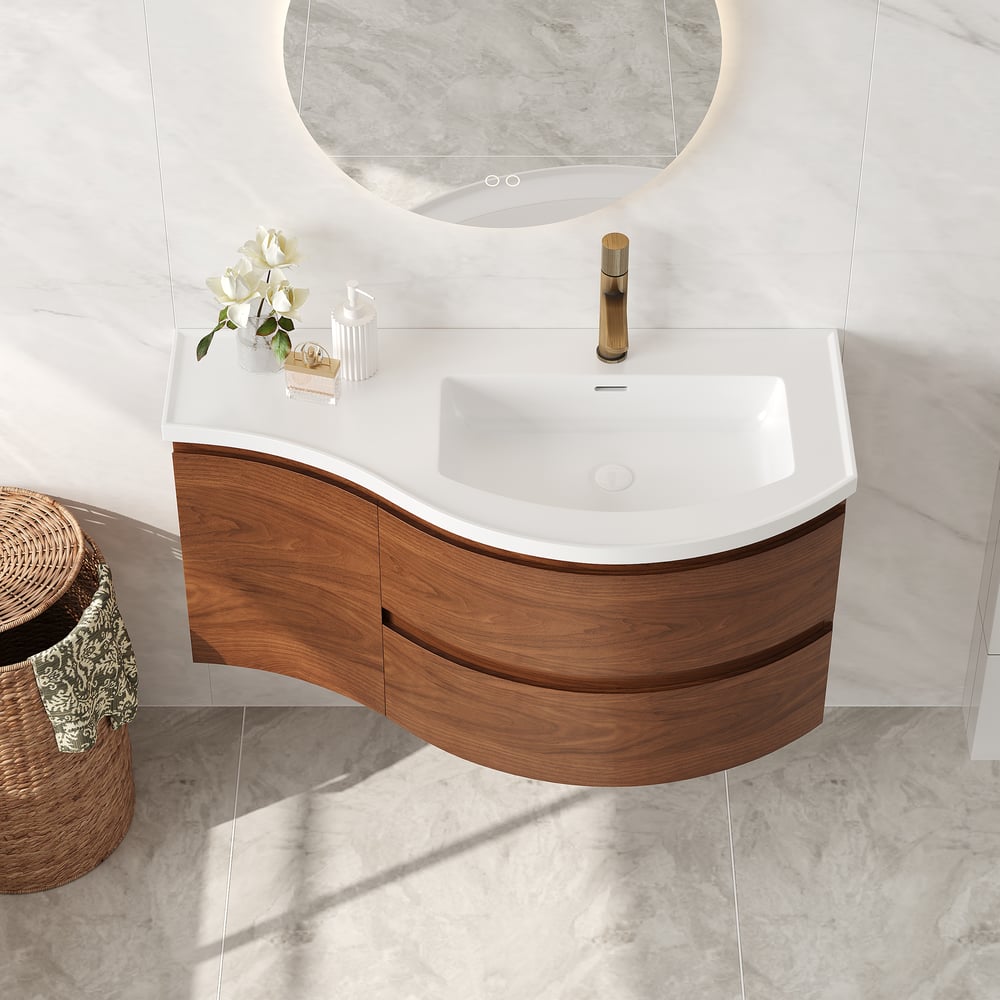 35" Floating Curved Bathroom Vanity Walnut Right Offset Single Sink Bathroom Cabinet window image