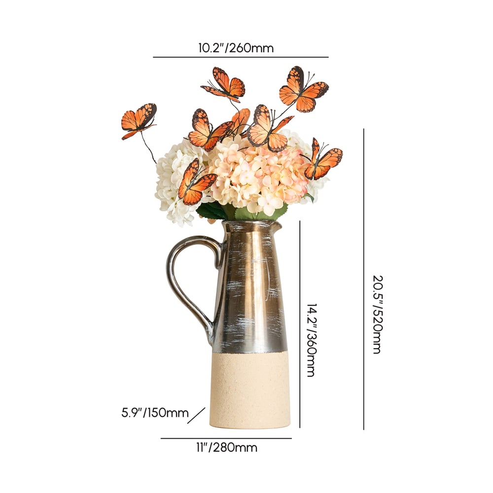 20.5" Artificial Flower Arrangement with Butterflies – Rustic Ceramic Vase with Handle weights dimensions image