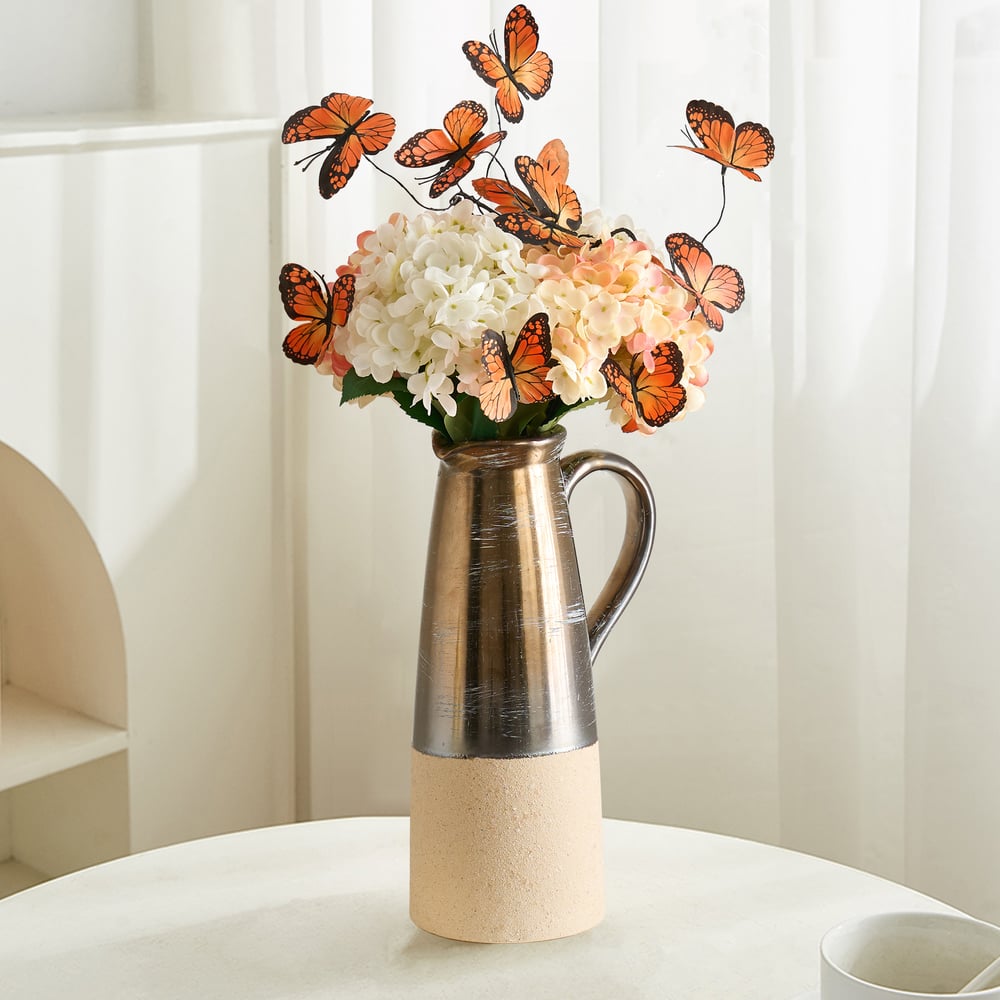 20.5" Artificial Flower Arrangement with Butterflies – Rustic Ceramic Vase with Handle window image