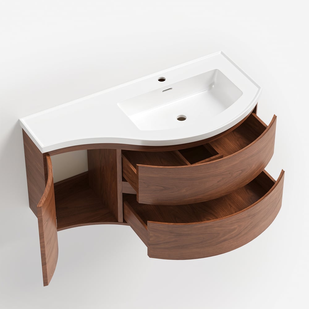 35" Floating Curved Bathroom Vanity Walnut Right Offset Single Sink Bathroom Cabinet window image