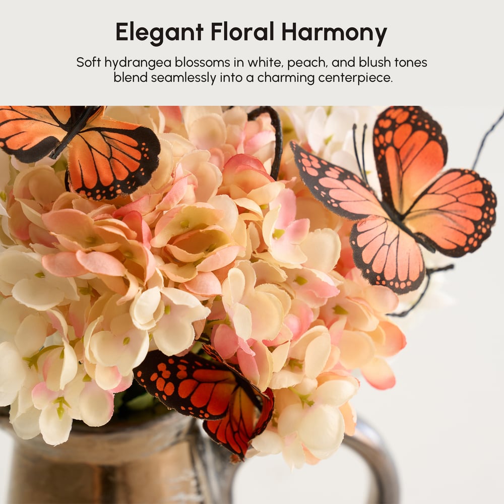20.5" Artificial Flower Arrangement with Butterflies – Rustic Ceramic Vase with Handle window image
