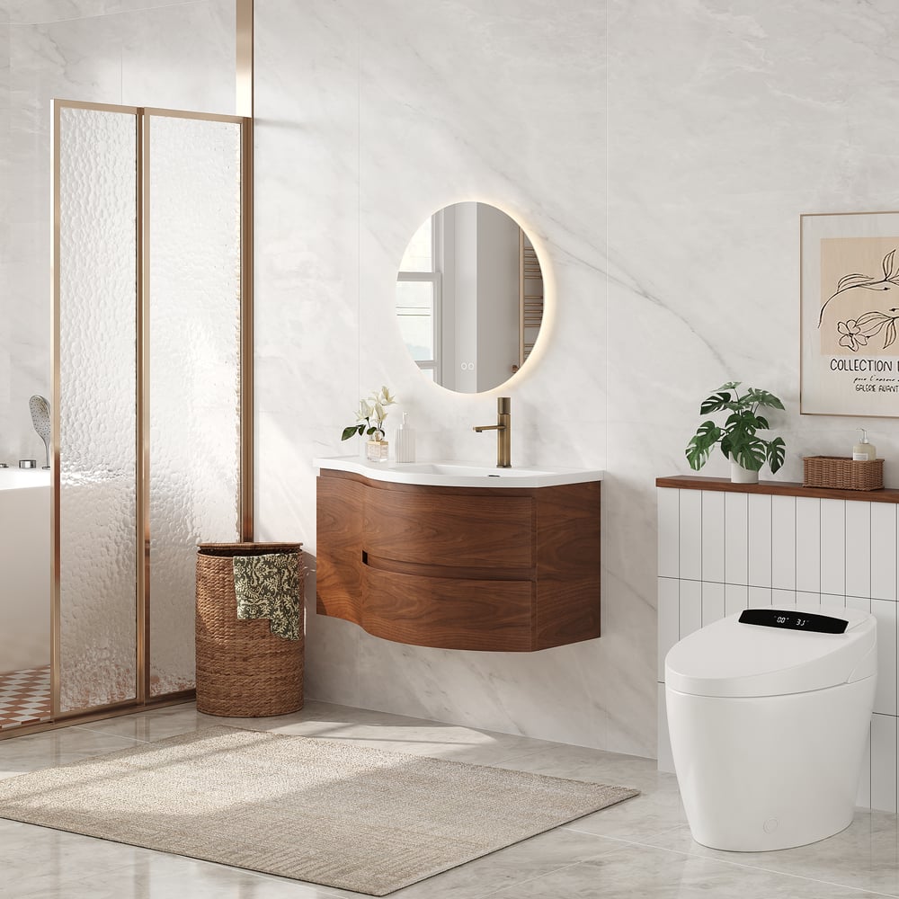 35" Floating Curved Bathroom Vanity Walnut Right Offset Single Sink Bathroom Cabinet window image