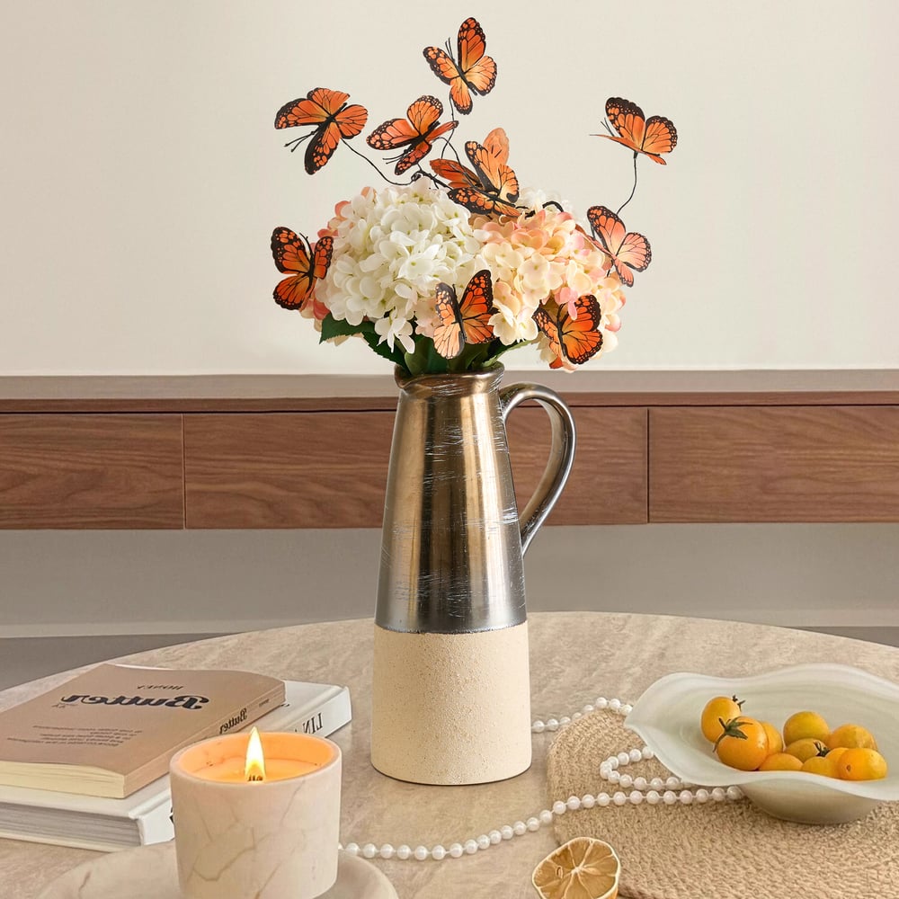 20.5" Artificial Flower Arrangement with Butterflies – Rustic Ceramic Vase with Handle window image