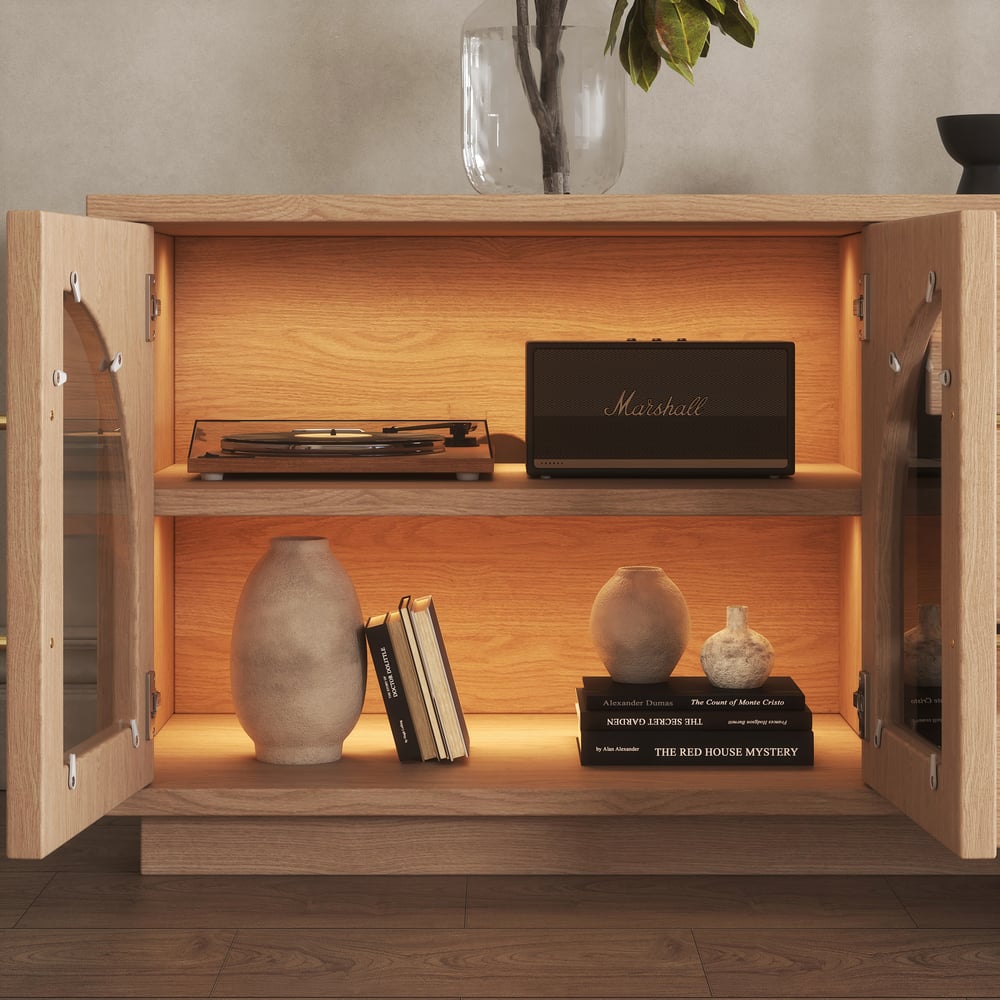 Arune 72" Arched Glass Doors TV Stand with Storage and LED window image