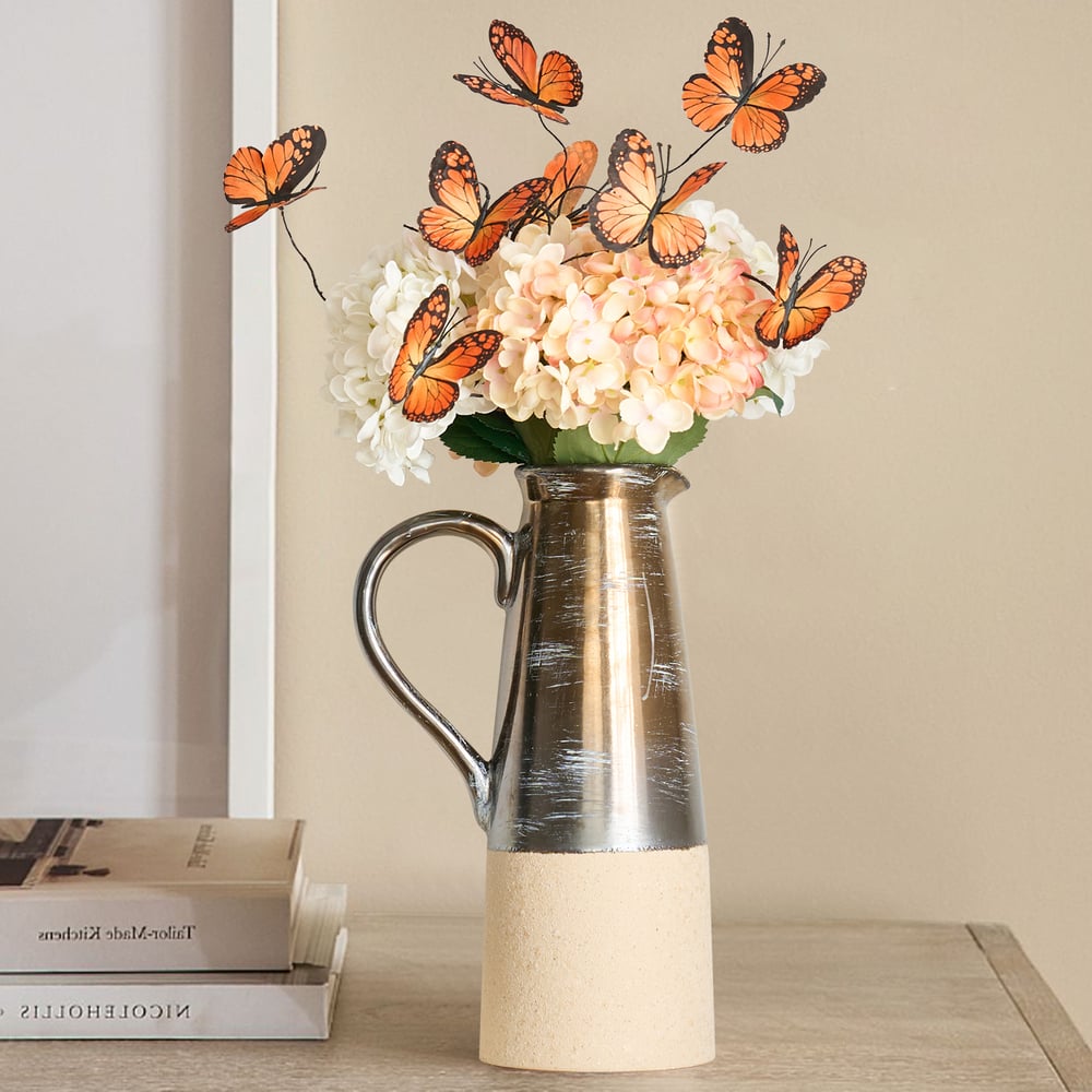 20.5" Artificial Flower Arrangement with Butterflies – Rustic Ceramic Vase with Handle window image