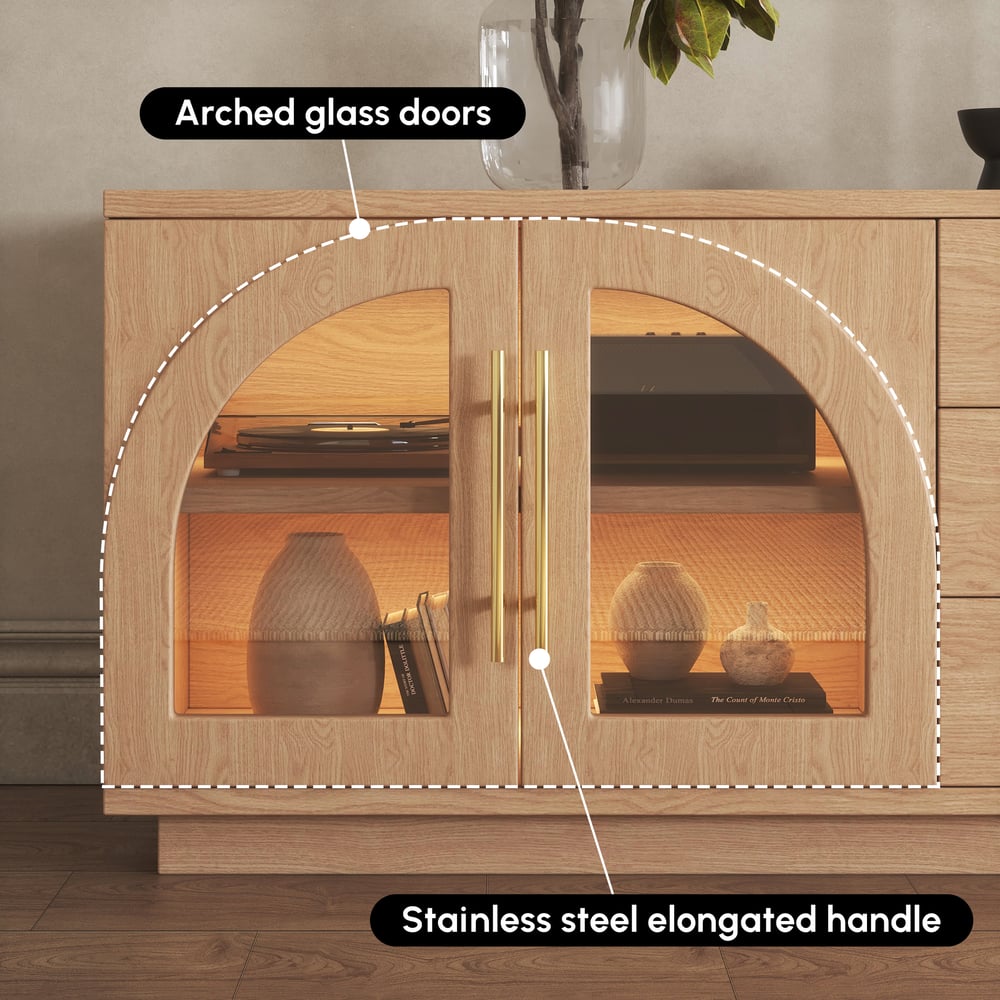 Arune 72" Arched Glass Doors TV Stand with Storage and LED window image
