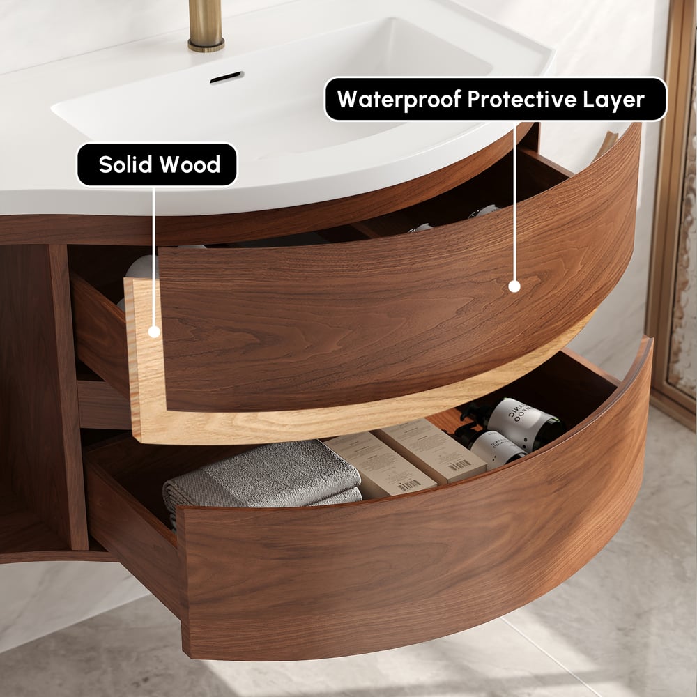 35" Floating Curved Bathroom Vanity Walnut Right Offset Single Sink Bathroom Cabinet window image