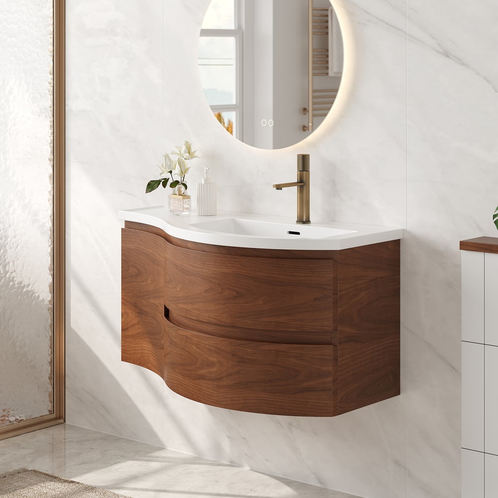 35" Floating Curved Bathroom Vanity Walnut Right Offset Single Sink Bathroom Cabinet window image