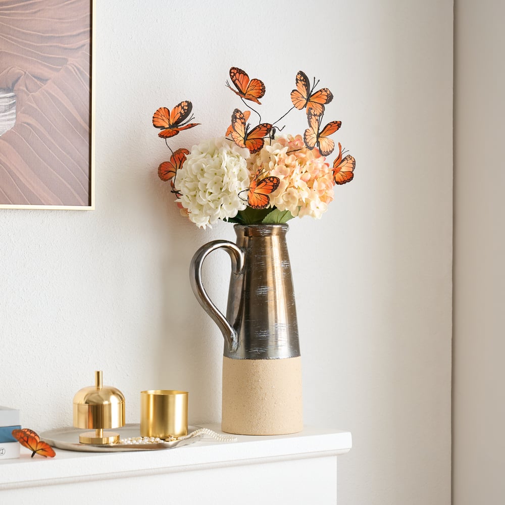 20.5" Artificial Flower Arrangement with Butterflies – Rustic Ceramic Vase with Handle window image