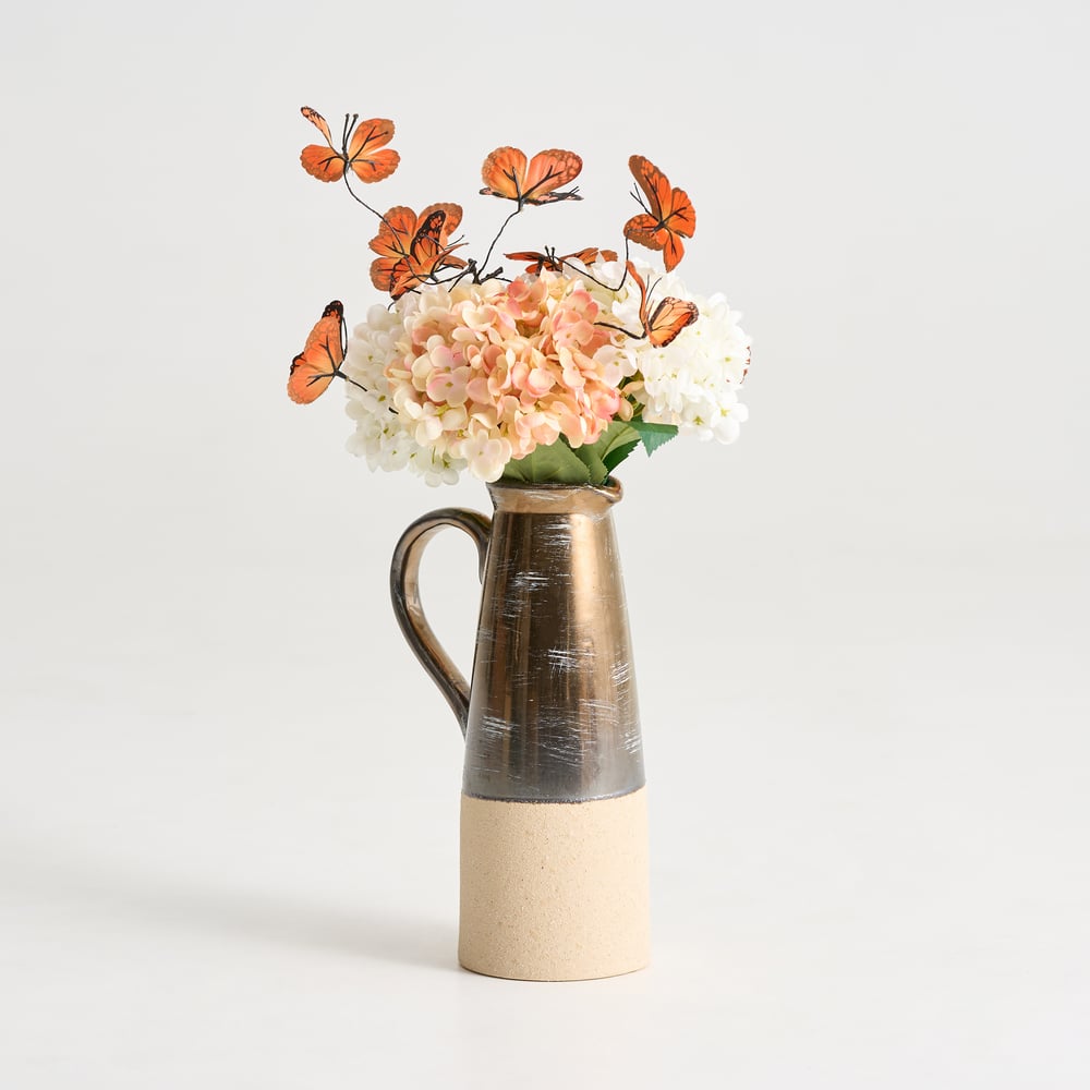20.5" Artificial Flower Arrangement with Butterflies – Rustic Ceramic Vase with Handle actual image