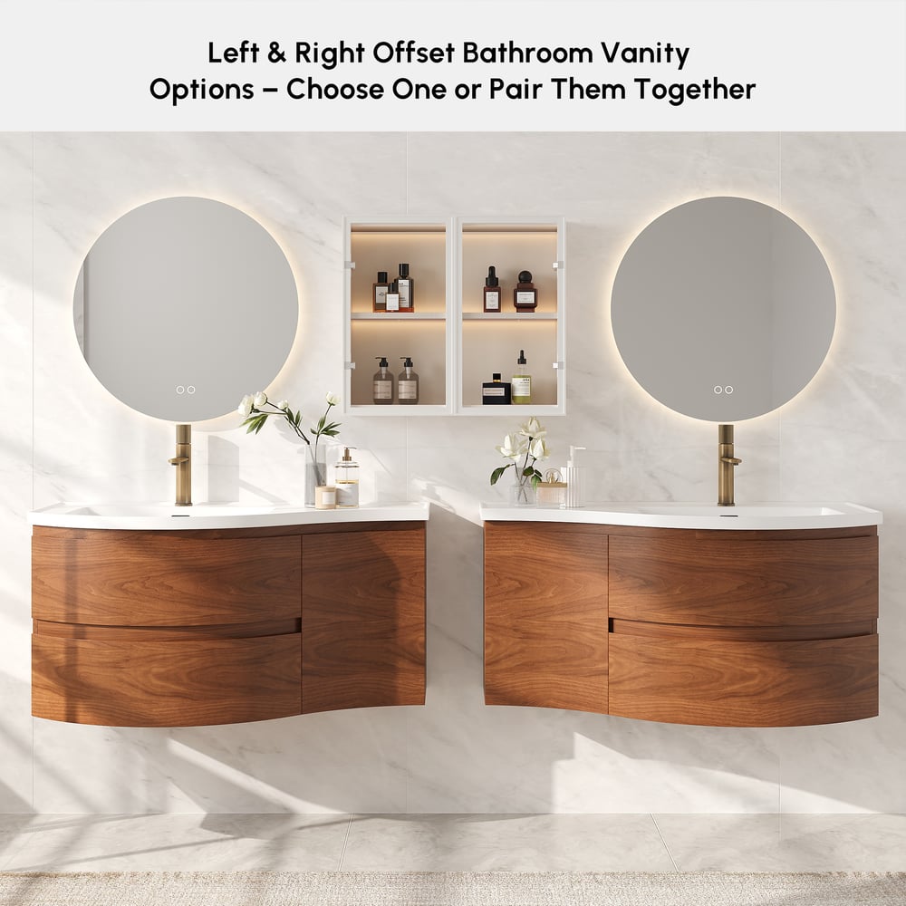 35" Floating Curved Bathroom Vanity Walnut Right Offset Single Sink Bathroom Cabinet window image