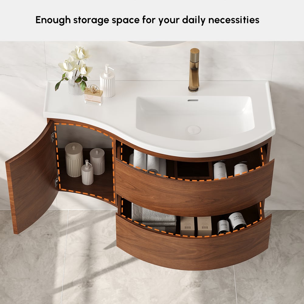 35" Floating Curved Bathroom Vanity Walnut Right Offset Single Sink Bathroom Cabinet window image