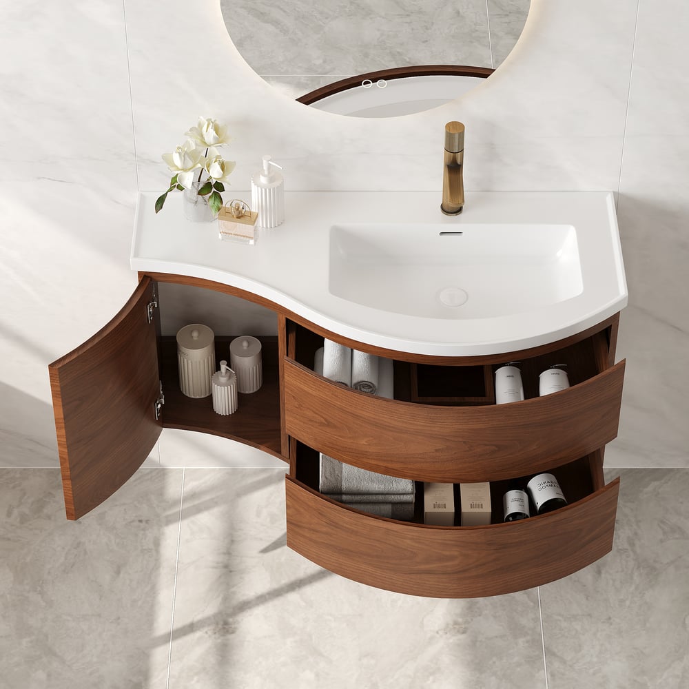 35" Floating Curved Bathroom Vanity Walnut Right Offset Single Sink Bathroom Cabinet window image