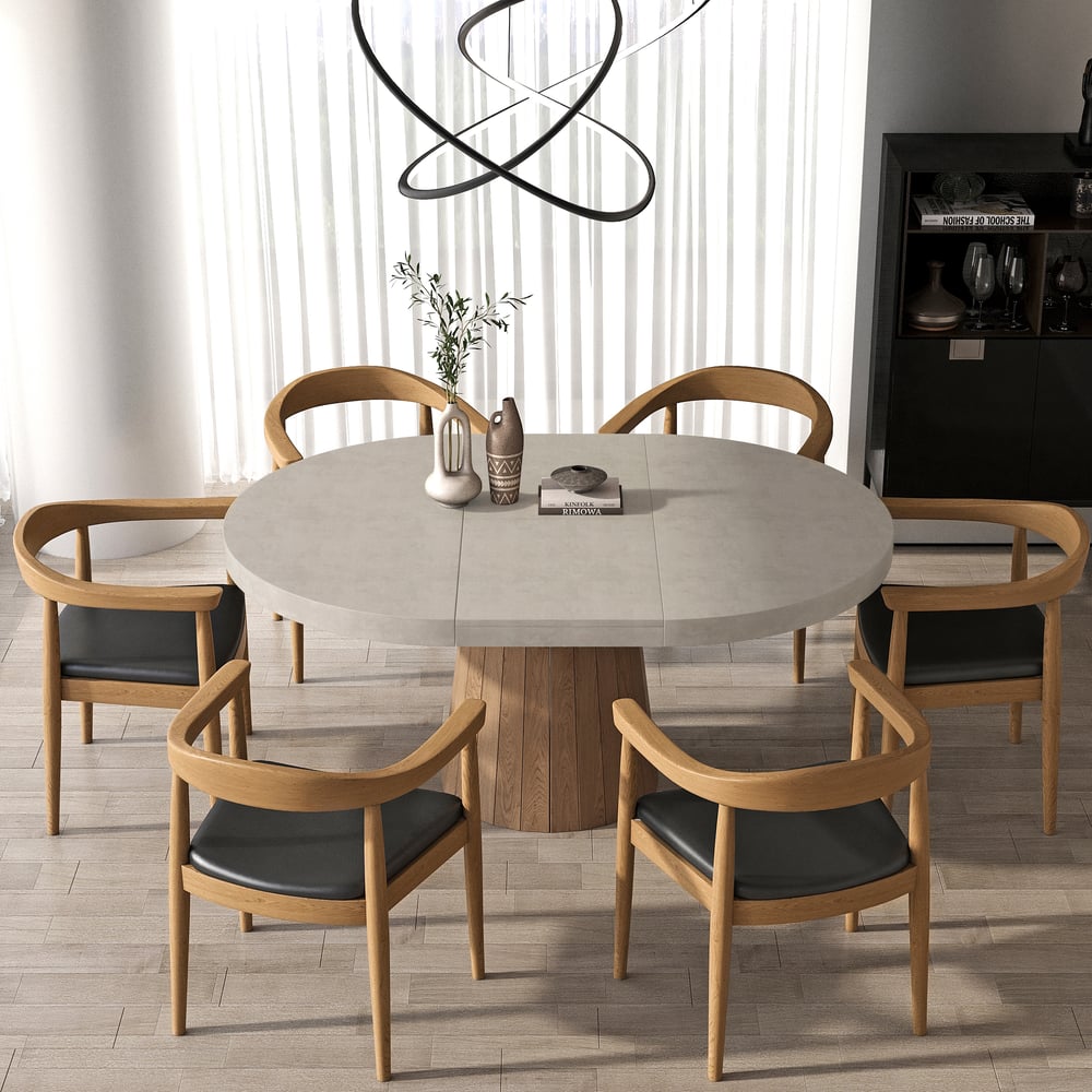Dining Set 39"-55" Japandi Extendable Dining Table Gray with 6 Chairs window image