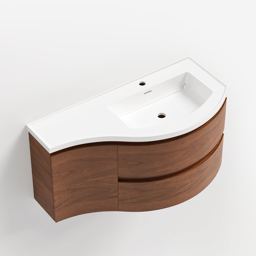 35" Floating Curved Bathroom Vanity Walnut Right Offset Single Sink Bathroom Cabinet window image