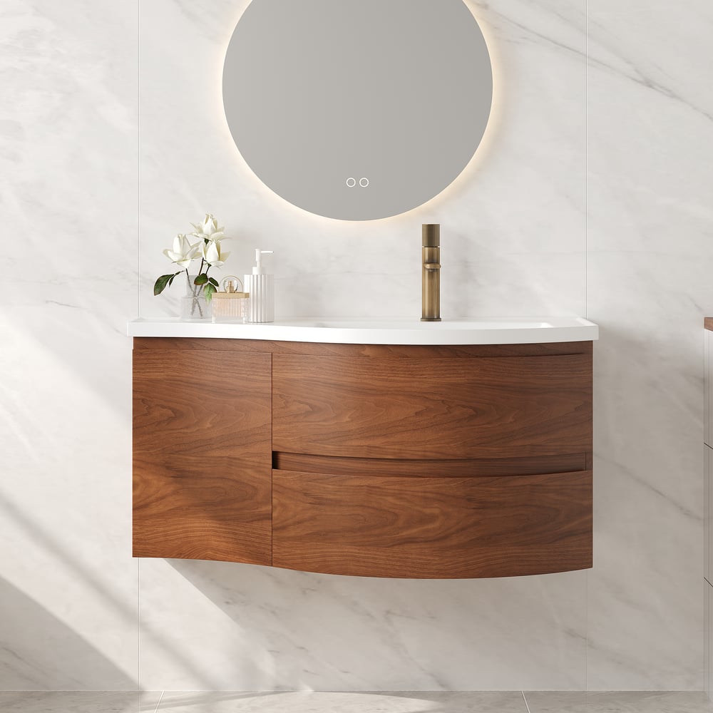 35" Floating Curved Bathroom Vanity Walnut Right Offset Single Sink Bathroom Cabinet window image