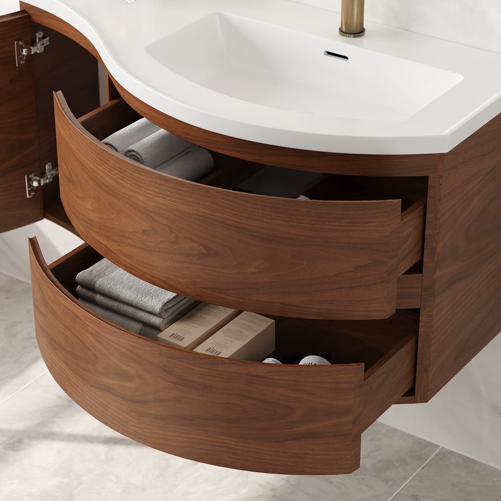 35" Floating Curved Bathroom Vanity Walnut Right Offset Single Sink Bathroom Cabinet window image