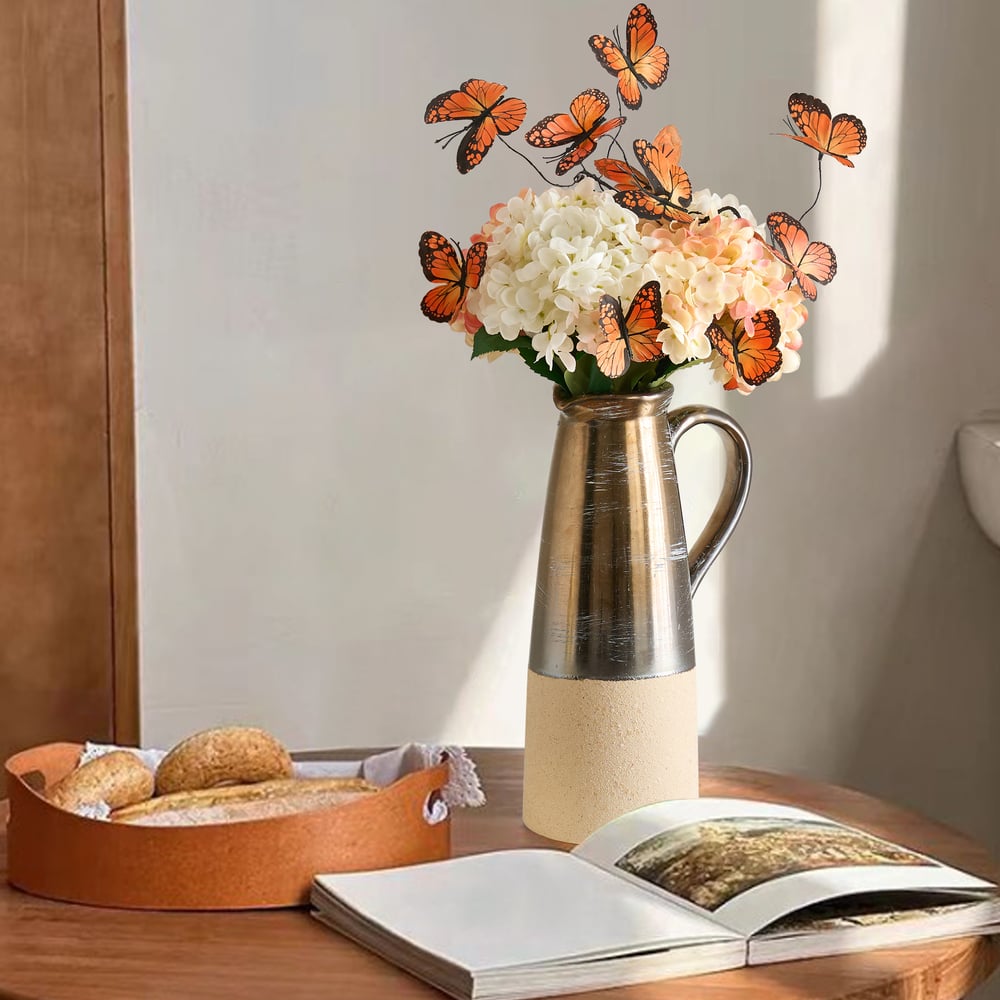 20.5" Artificial Flower Arrangement with Butterflies – Rustic Ceramic Vase with Handle window image