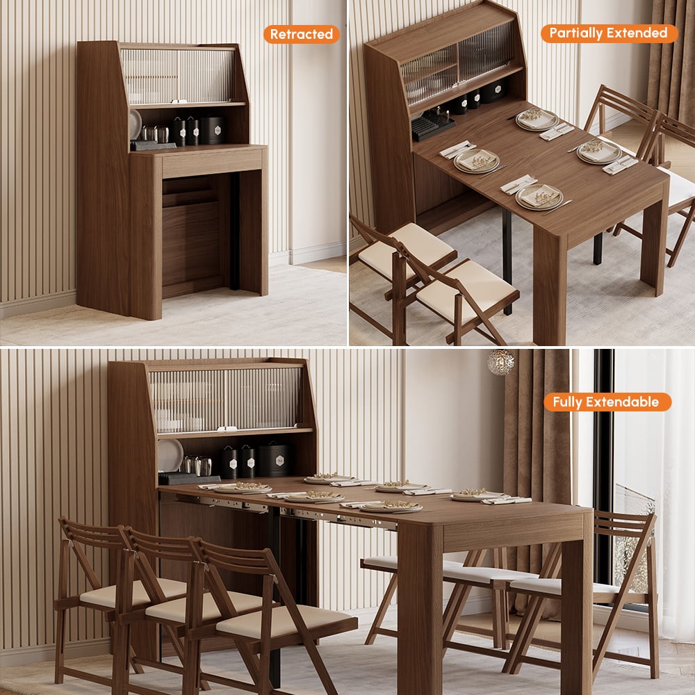 Modern Extendable Dining Table with Storage Rectangle Sideboard Glass Door Walnut window image