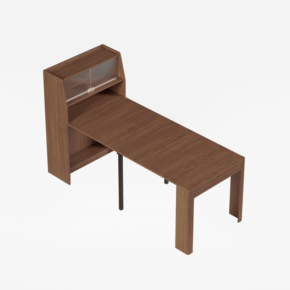 Modern Extendable Dining Table with Storage Rectangle Sideboard Glass Door Walnut window image