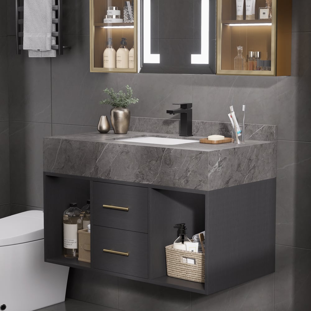 Bathroom Vanity Set 35.4" Modern Floating Sintered Stone Bathroom Vanity Black with Sink window image