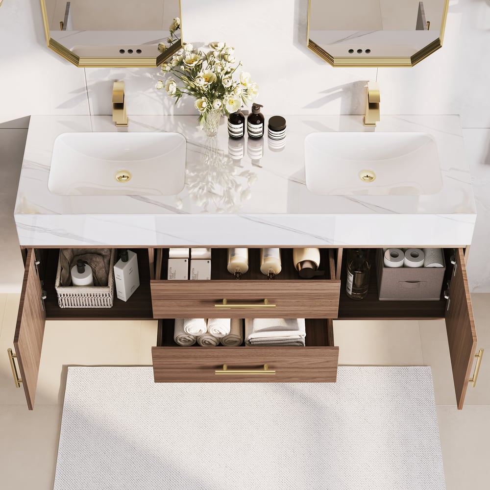 59" Double Sink Bathroom Vanity with Gold Handles – Walnut Modern Floating Vanity window image
