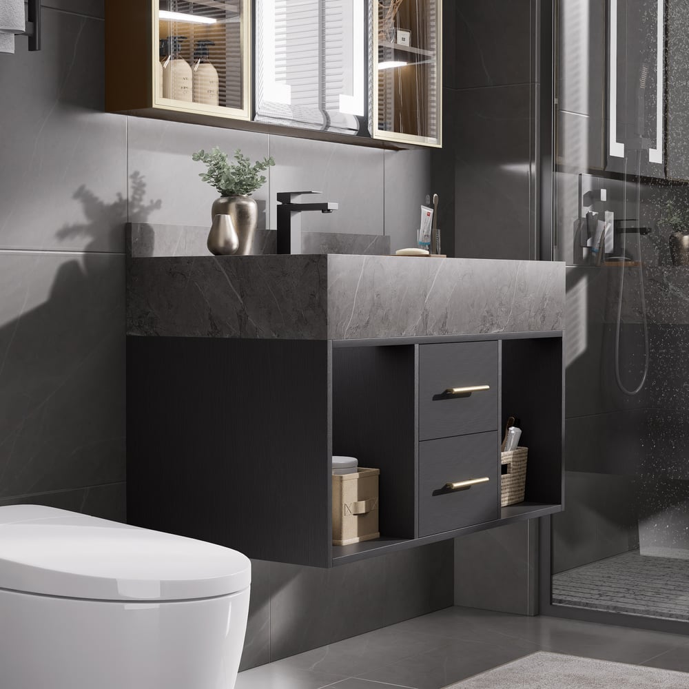 Bathroom Vanity Set 35.4" Modern Floating Sintered Stone Bathroom Vanity Black with Sink window image