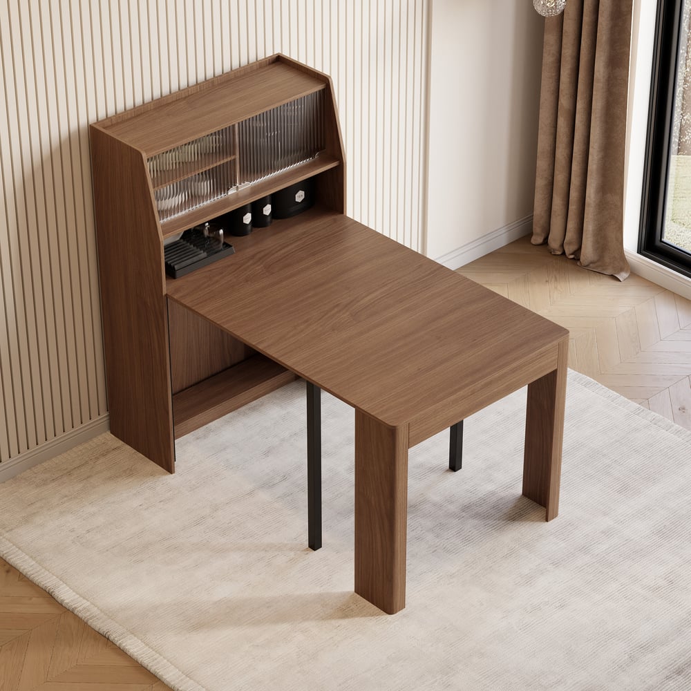 Modern Extendable Dining Table with Storage Rectangle Sideboard Glass Door Walnut window image