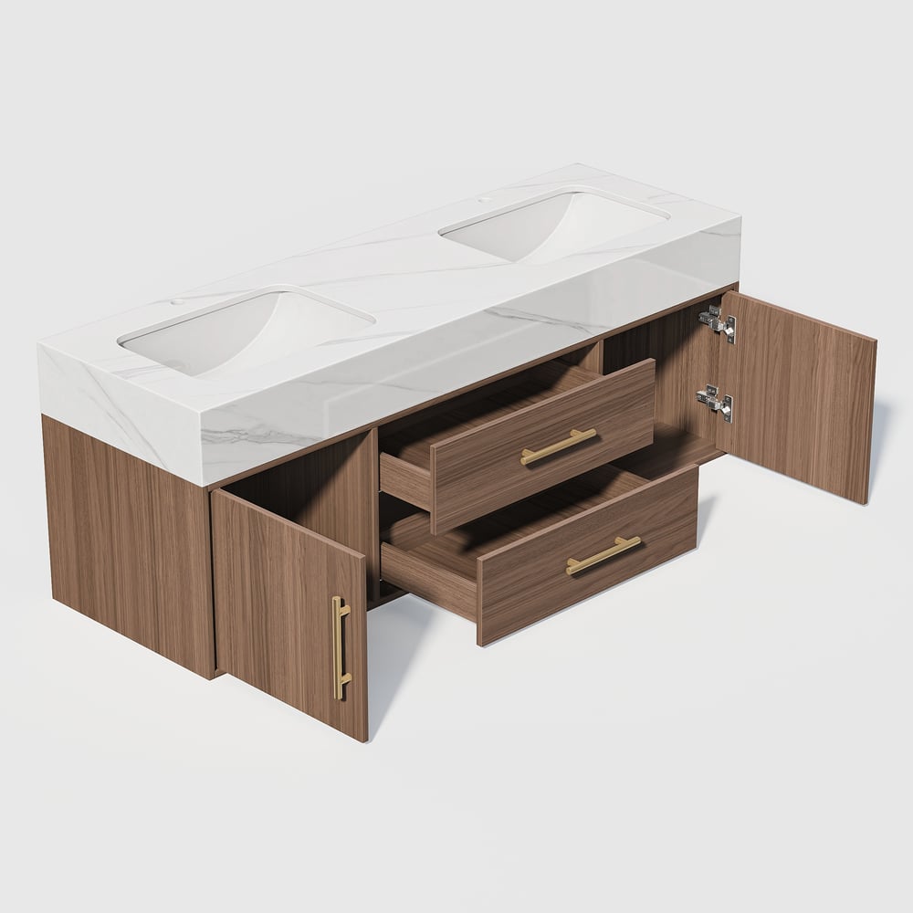 59" Double Sink Bathroom Vanity with Gold Handles – Walnut Modern Floating Vanity window image