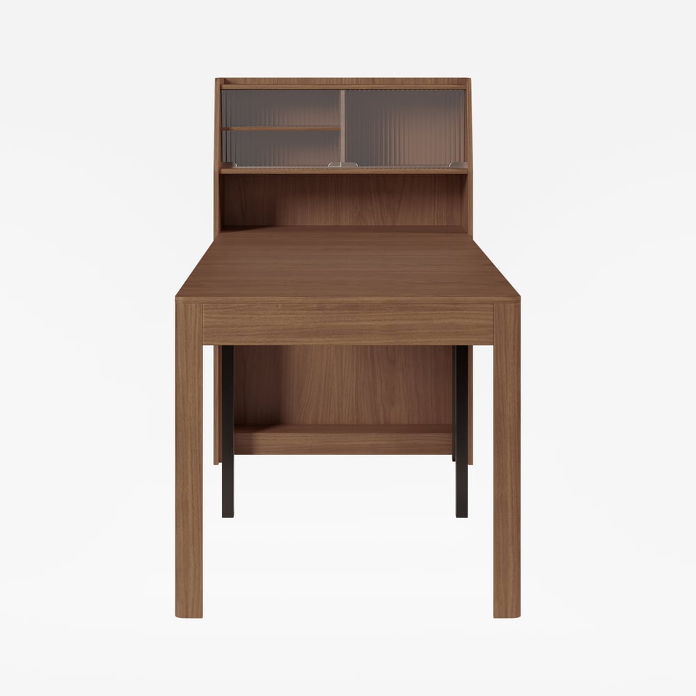 Modern Extendable Dining Table with Storage Rectangle Sideboard Glass Door Walnut window image