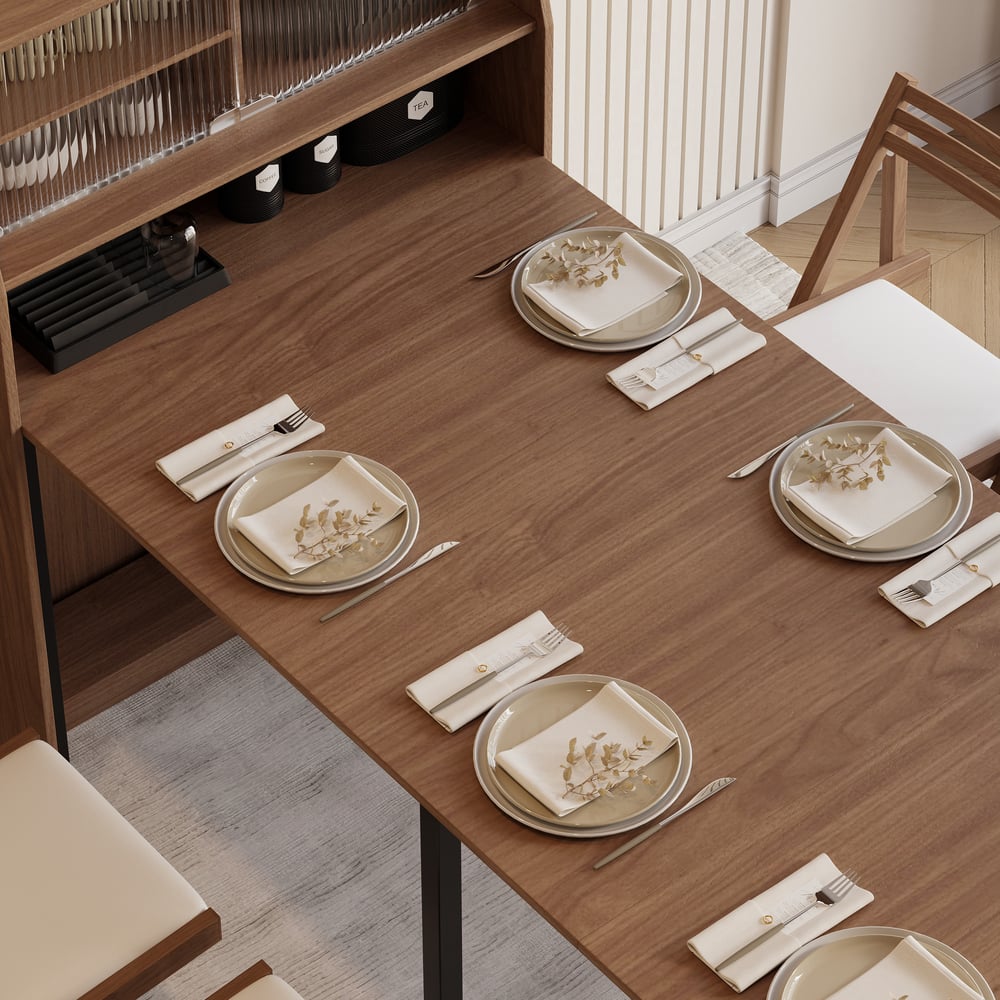 Modern Extendable Dining Table with Storage Rectangle Sideboard Glass Door Walnut window image