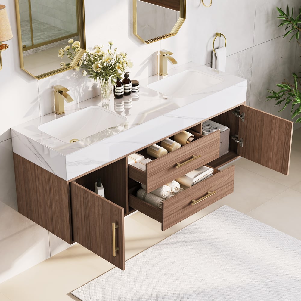59" Double Sink Bathroom Vanity with Gold Handles – Walnut Modern Floating Vanity window image
