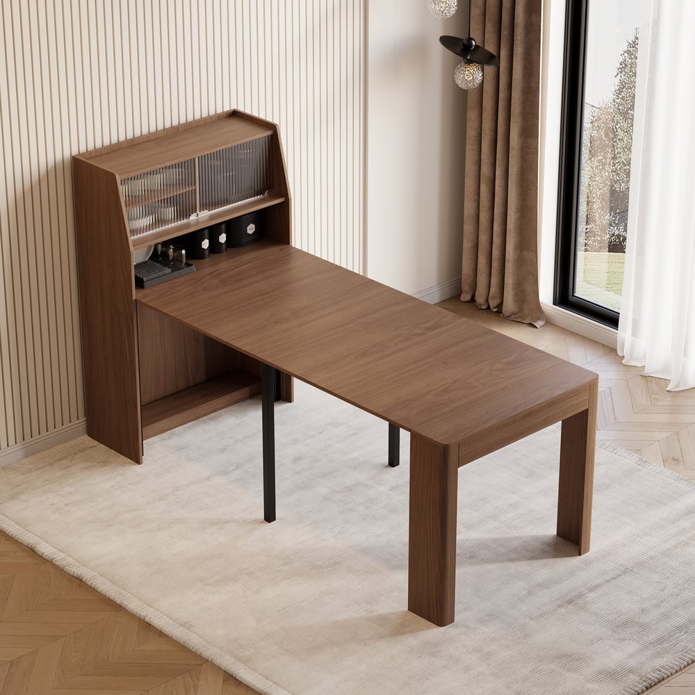 Modern Extendable Dining Table with Storage Rectangle Sideboard Glass Door Walnut window image