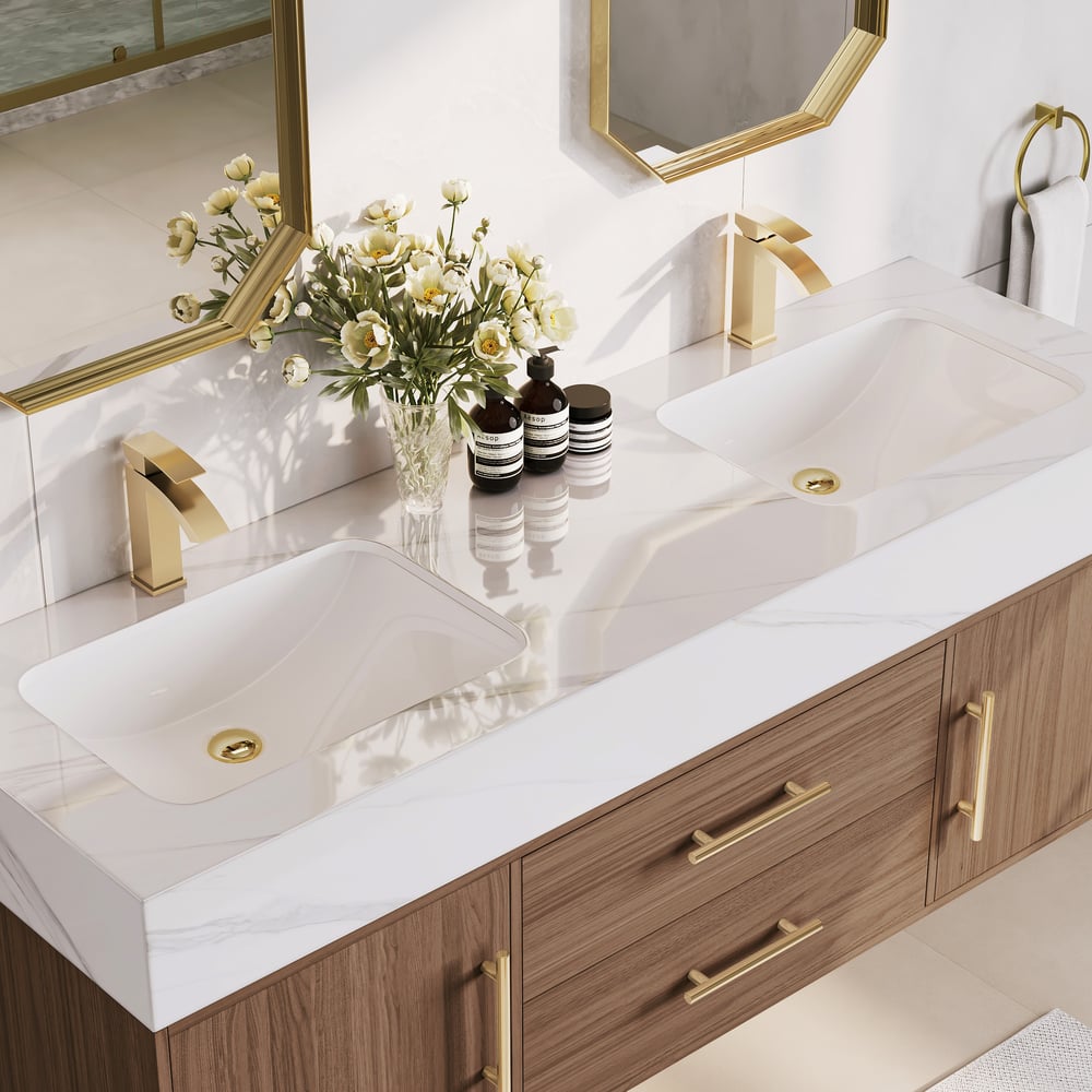 59" Double Sink Bathroom Vanity with Gold Handles – Walnut Modern Floating Vanity window image
