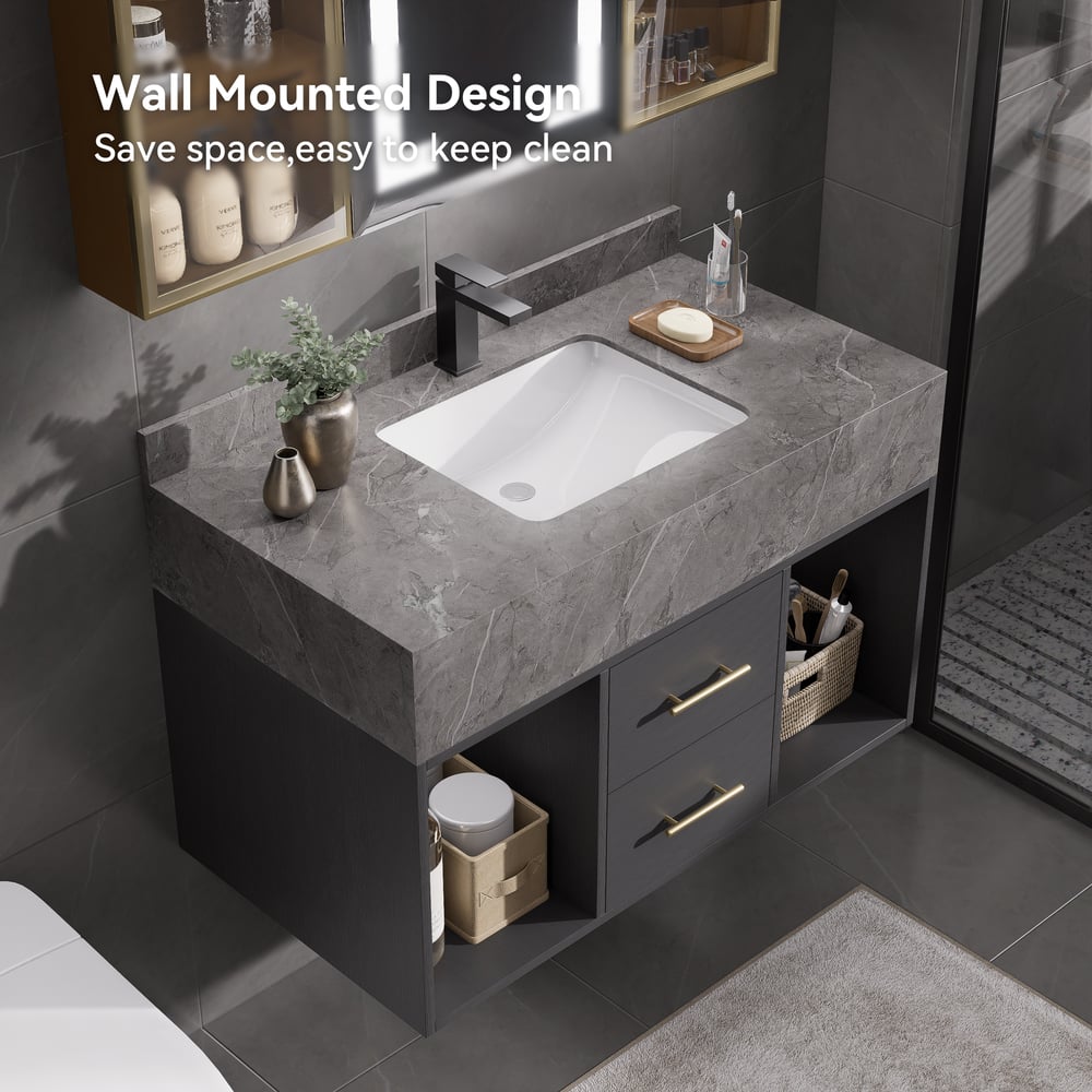 Bathroom Vanity Set 35.4" Modern Floating Sintered Stone Bathroom Vanity Black with Sink window image