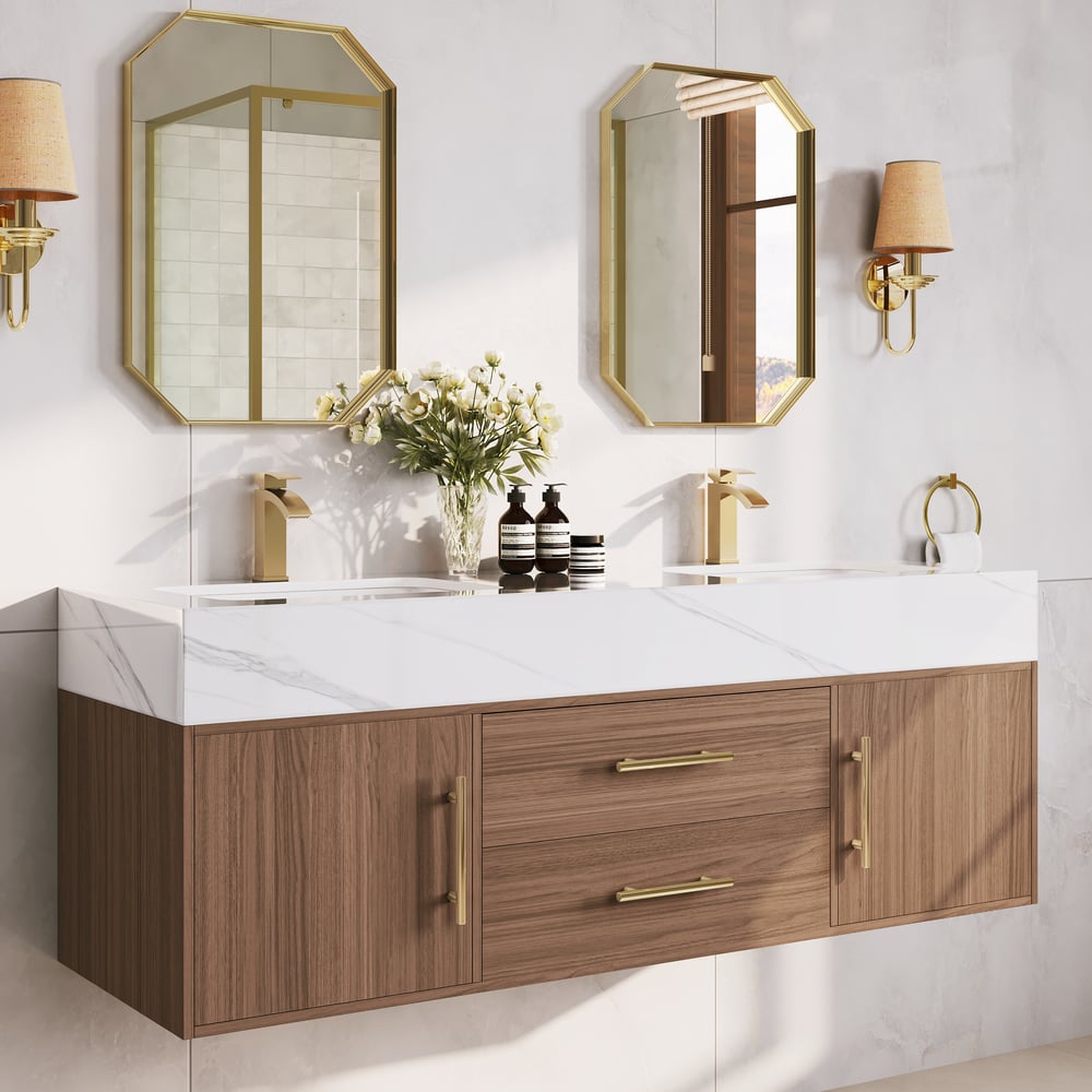 59" Double Sink Bathroom Vanity with Gold Handles – Walnut Modern Floating Vanity window image