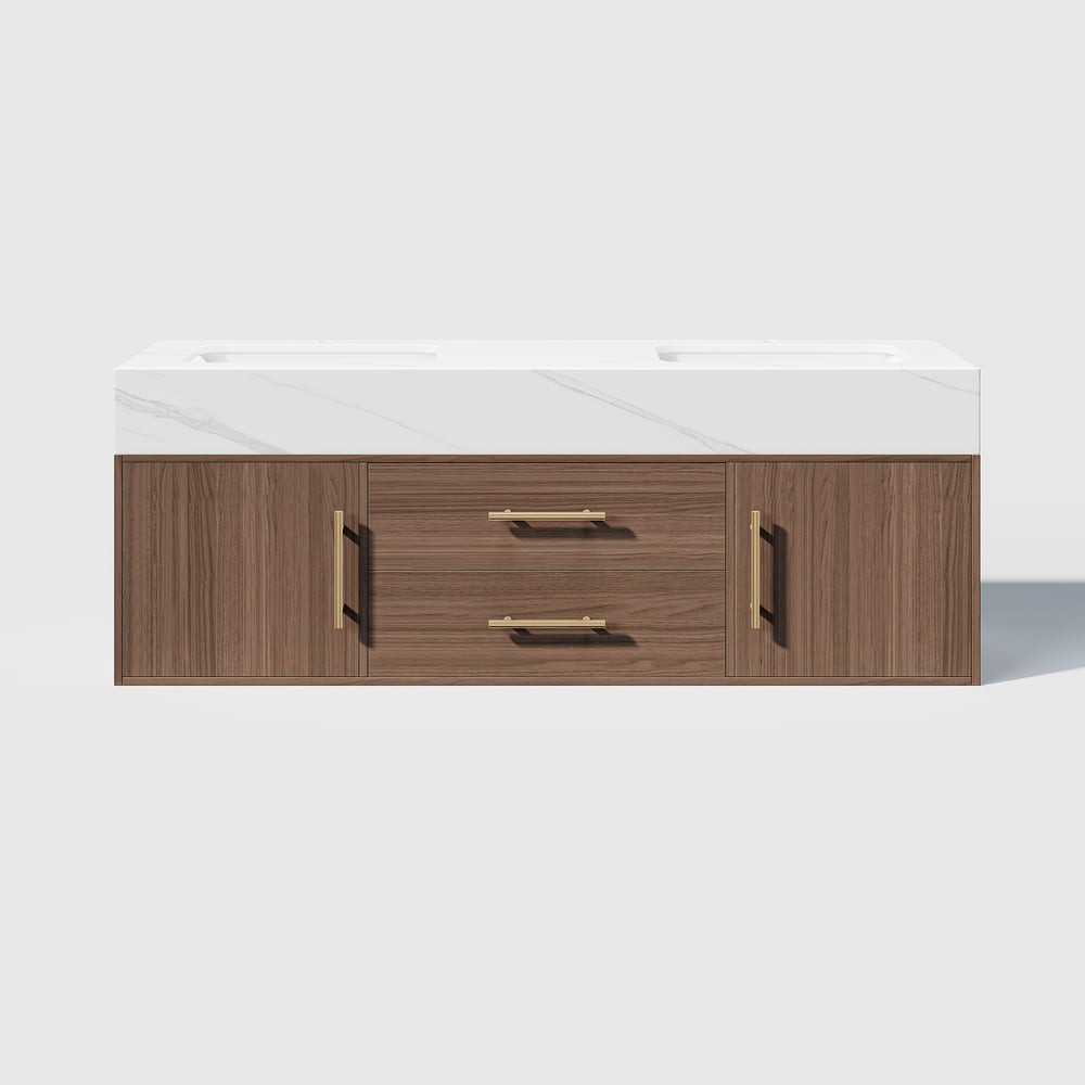 59" Double Sink Bathroom Vanity with Gold Handles – Walnut Modern Floating Vanity window image
