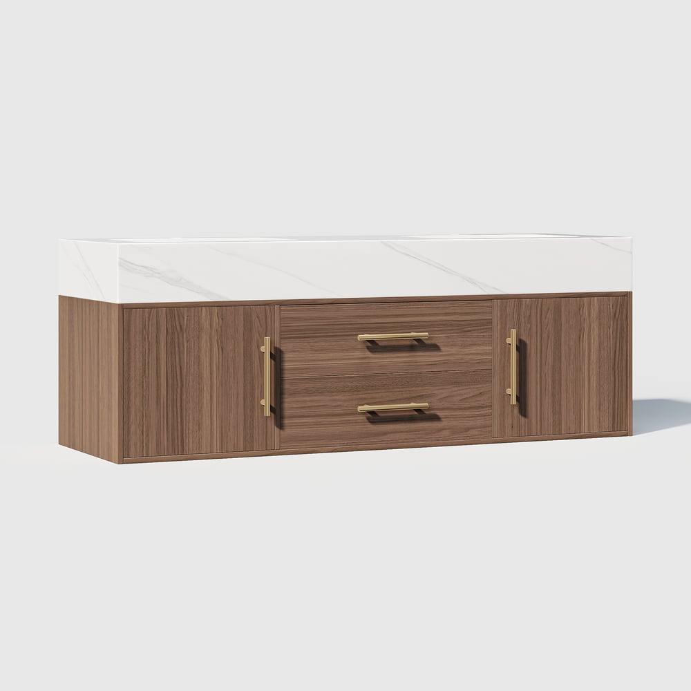 59" Double Sink Bathroom Vanity with Gold Handles – Walnut Modern Floating Vanity window image
