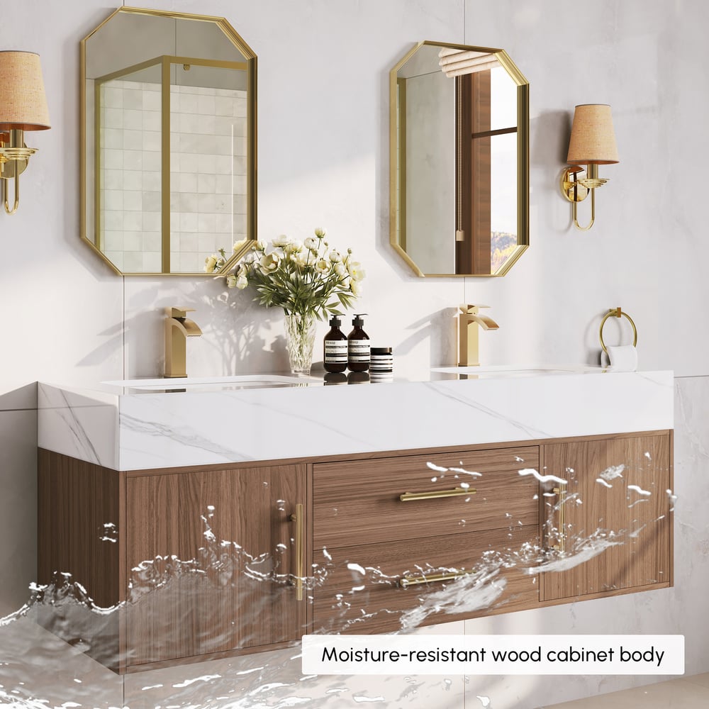 59" Double Sink Bathroom Vanity with Gold Handles – Walnut Modern Floating Vanity window image