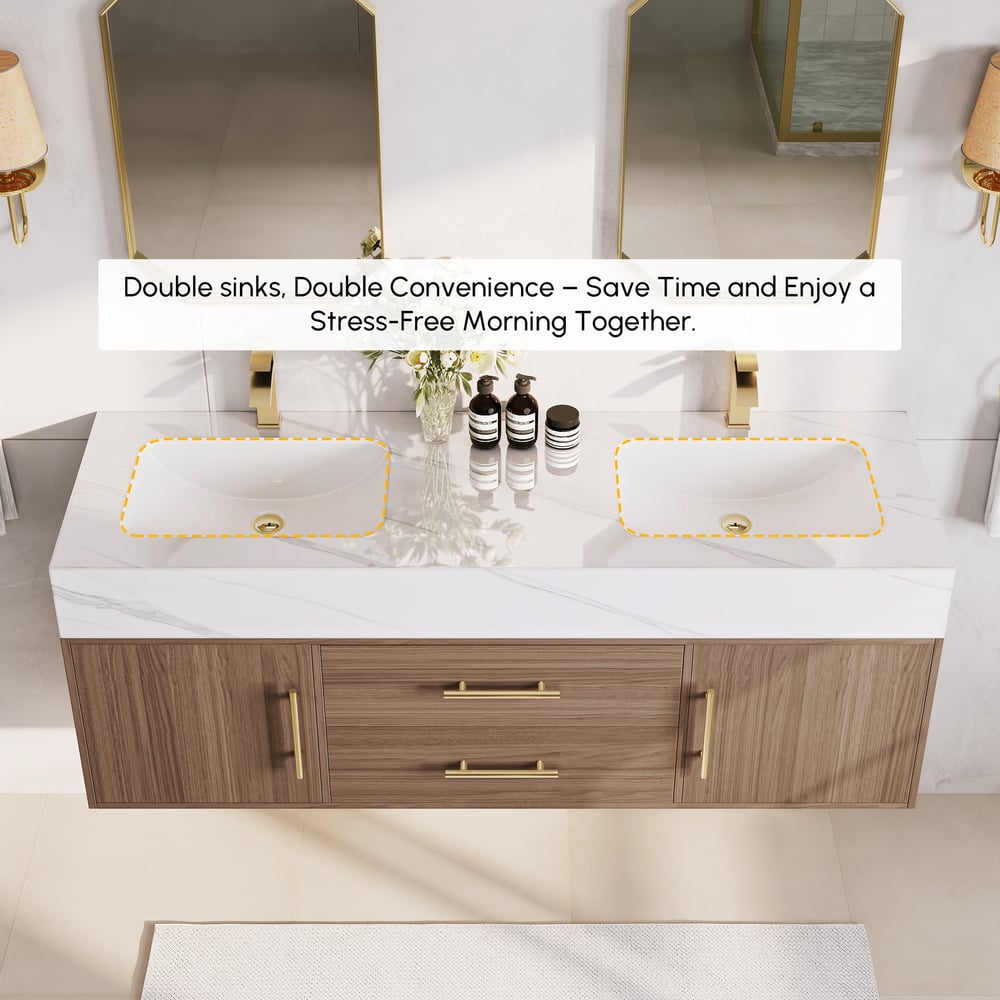 59" Double Sink Bathroom Vanity with Gold Handles – Walnut Modern Floating Vanity window image