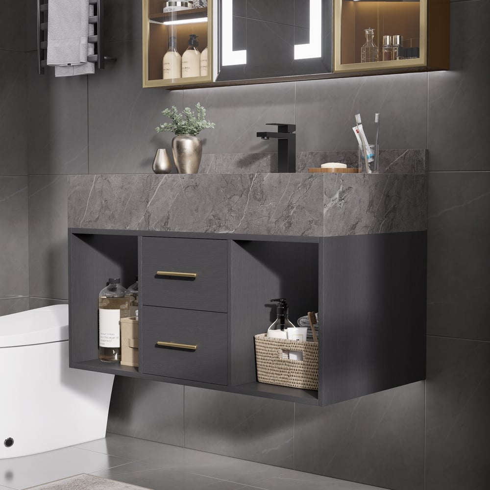 Bathroom Vanity Set 35.4" Modern Floating Sintered Stone Bathroom Vanity Black with Sink window image