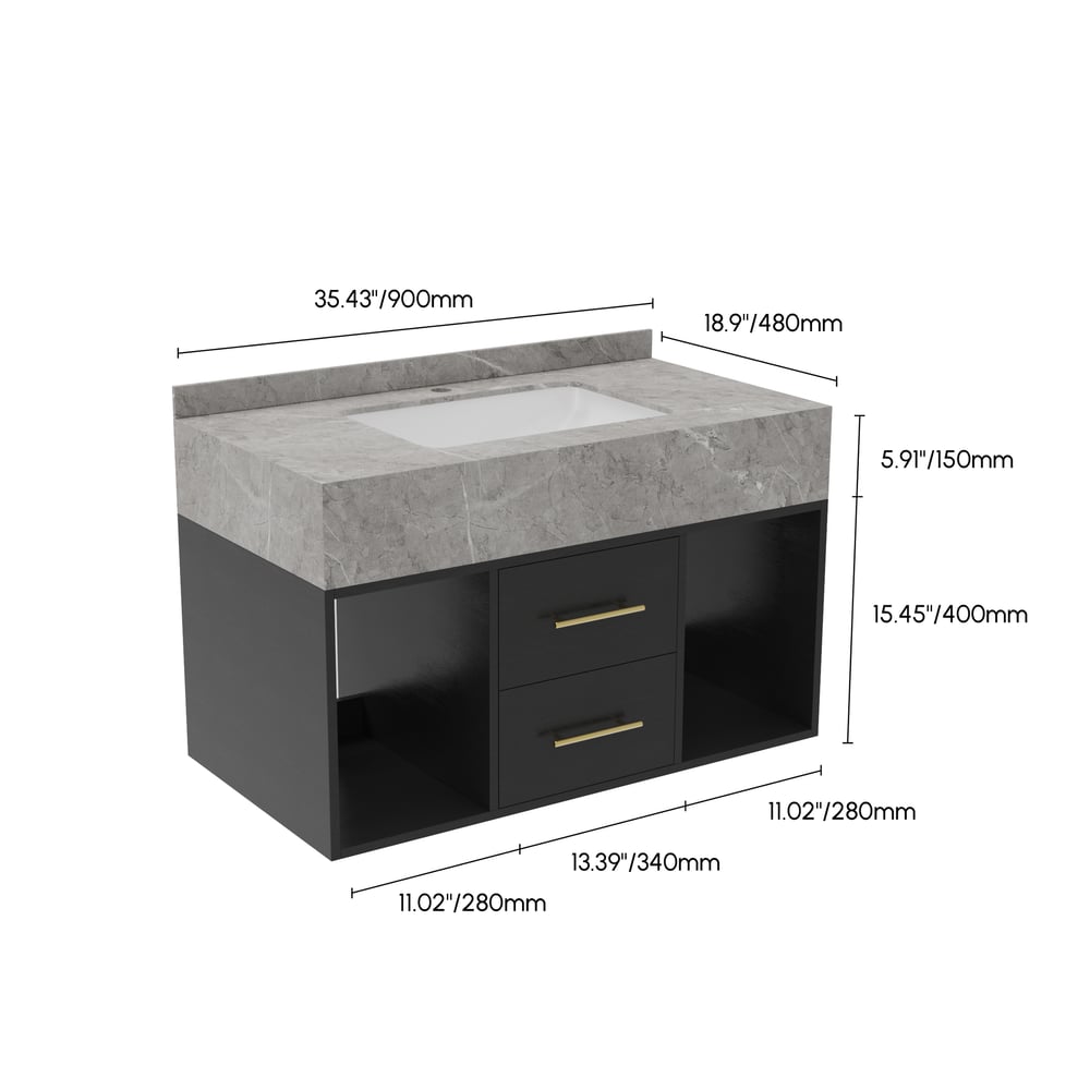 Bathroom Vanity Set 35.4" Modern Floating Sintered Stone Bathroom Vanity Black with Sink weights dimensions image