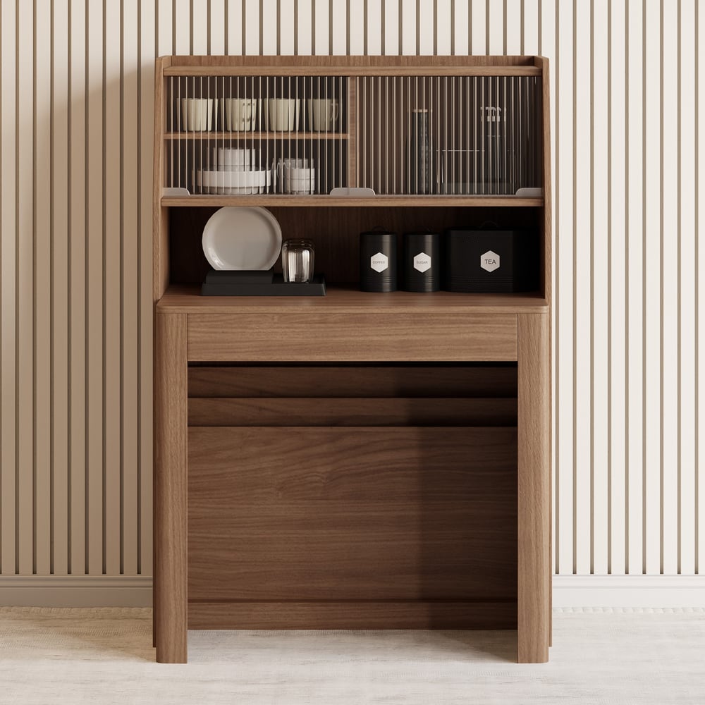 Modern Extendable Dining Table with Storage Rectangle Sideboard Glass Door Walnut window image