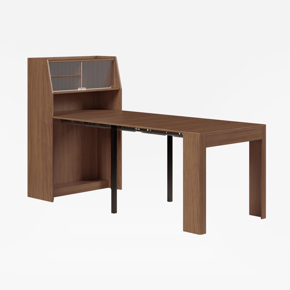 Modern Extendable Dining Table with Storage Rectangle Sideboard Glass Door Walnut window image