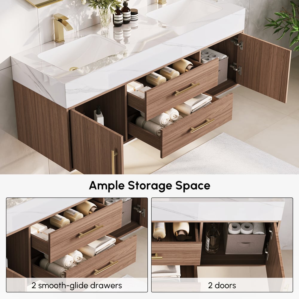 59" Double Sink Bathroom Vanity with Gold Handles – Walnut Modern Floating Vanity window image